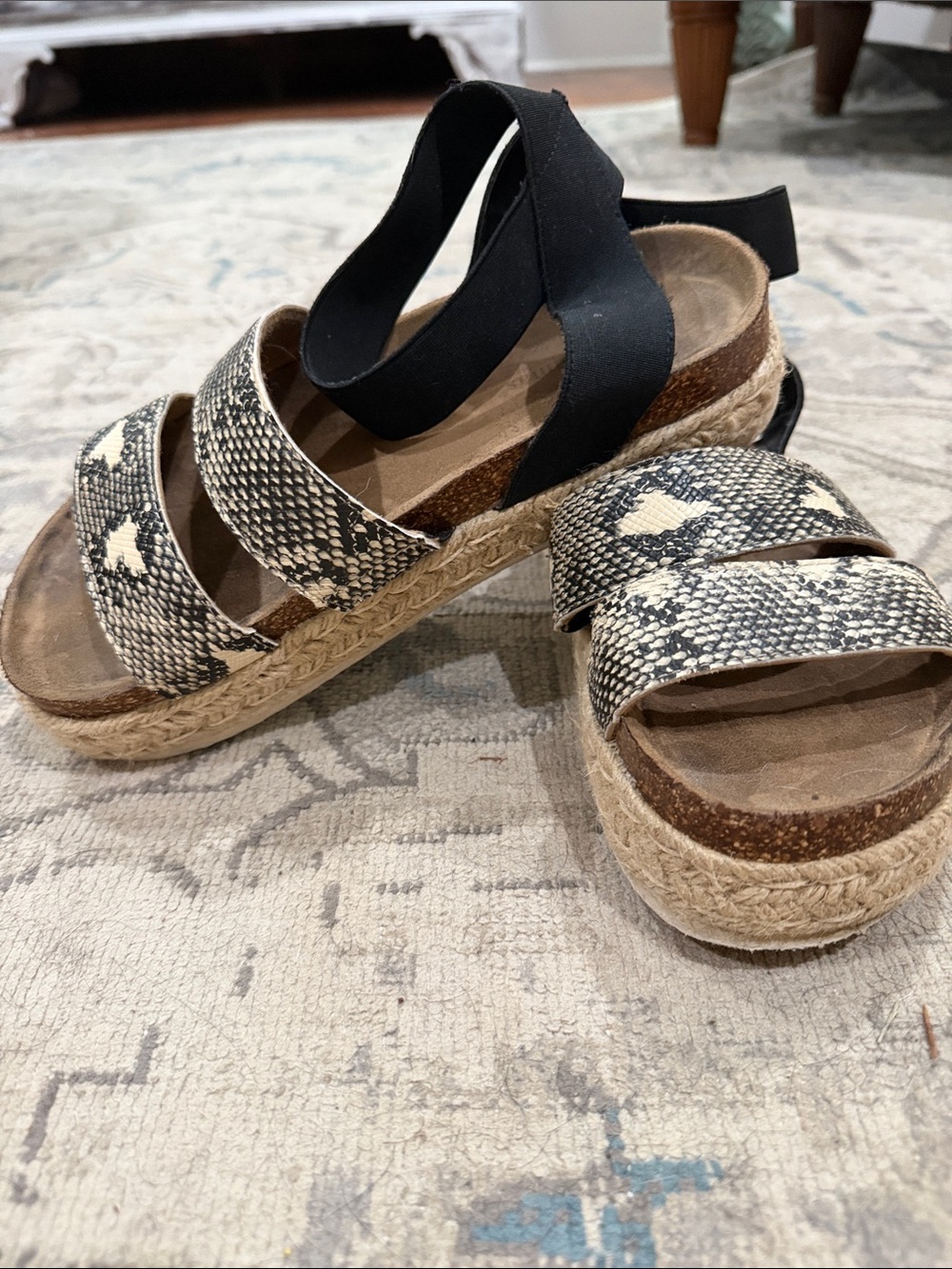 Womens Black & Snake-Print Espadrille Platform Sandals